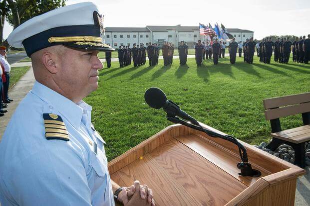 Capt. Todd Prestidge, commanding officer of Coast Guard Training Center Cape May, during a ceremony honoring Signalman 1st Class Douglas Munro, Sunday, Sept. 27, 2015. (Photo by Chief Warrant Officer John Edwards)