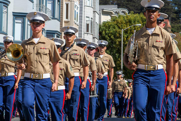  Marines with the 1st Marine Division Band march past the Coit Tower during the Italian heritage parade on Oct. 11., as part of San Francisco Fleet Week 2015. Photo By: Cpl. Joshua Murray