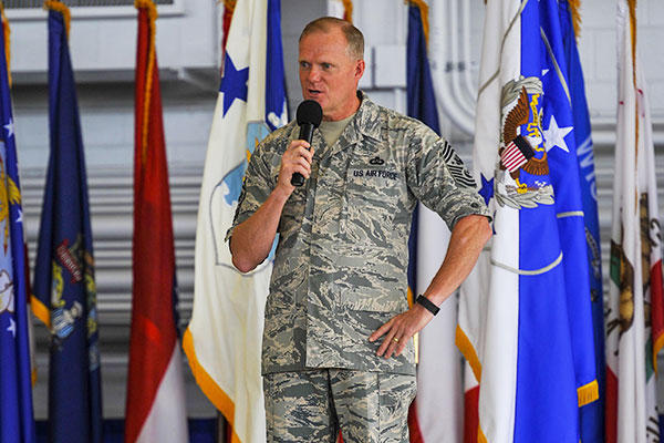 Chief Master Sgt. of the Air Force James A. Cody speaks to Airmen during an all call at Hurlburt Field, Fla., Sept. 30, 2015. (U.S. Air Force photo/Airman Kai White) 