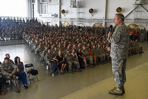 Air Force Chief of Staff Gen. Mark A. Welsh III speaks to Airmen during an all call on Hurlburt Field, Fla. Welsh and Chief Master Sgt. of the Air Force James A. Cody visited Hurlburt Field to talk to Air Commandos. (U.S. Air Force/Airman Kai White)
