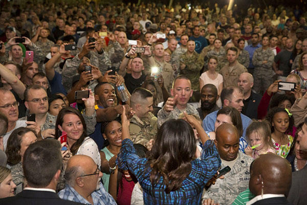 First Lady Michelle Obama greets U.S. service members following remarks at Al Udeid Air Base in Qatar, Nov. 3, 2015. White House photo by Amanda Lucidon