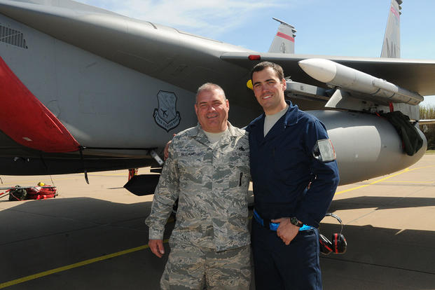 Air Force Master Sgt. Donny Masciadrelli, 104th Fighter Wing avionics technician, and his son, Air Force Tech. Sgt. Danny Masciadrelli, 104th Fighter Wing F-15 crew chief. (Air National Guard/1st Lt. Bonnie Harper)