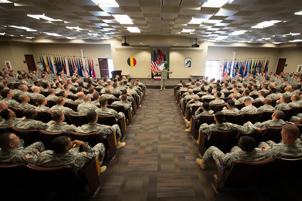 Sgt. Maj. of the Army Daniel A. Dailey speaks with the students and instructors of Fort Bragg Noncommissioned Officer Academy, March 10, 2015. (U.S. Army photo/Staff Sgt. Charles Crail)