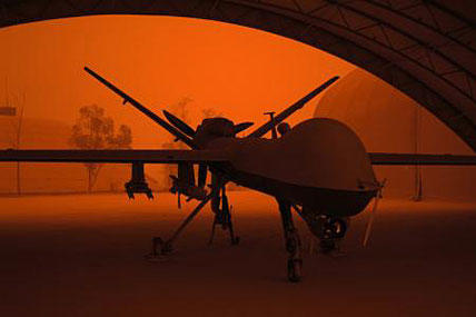 An MQ-9 Reaper sits in a hanger during a sandstorm at Joint Base Balad, Iraq. Photo by Senior Airman Jason Epley