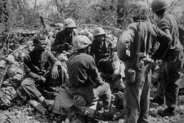 Group of CBs acting as stretcher bearers for the 7th Marines. Peleliu. September 1944. Sgt. McBride