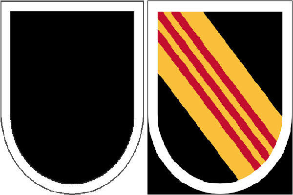 The Army's 5th Special Forces Group's existing beret flash (left) is a black shield-shaped embroidered item with a semicircular base. The new flash (right) reverts back to include alternating yellow and scarlet stripes. (Army Institute of Heraldry)