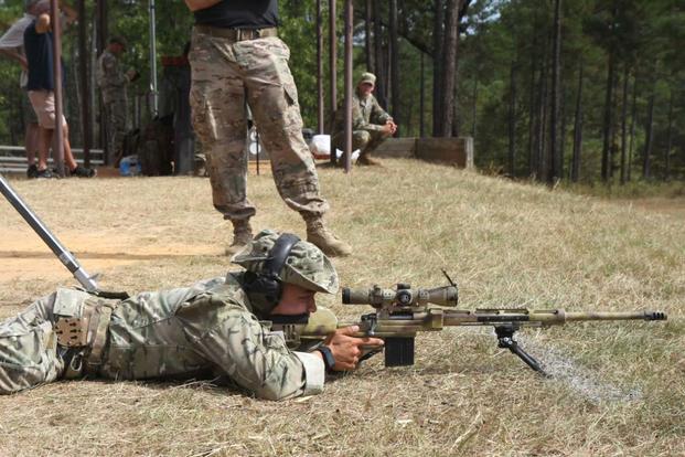 Sgt. Saykham Keophalychanh sights in on a target during the 2016 International Sniper Competition at Fort Benning, Georgia. (Photo: Michigan National Guard)