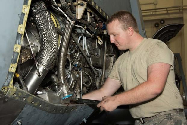 Airman 1st Class John Karley, 136th Maintenance Squadron propulsion technician repairs a C-130H2 aircraft propulsion system at NAS Fort Worth Joint Reserve Base, Texas, Aug. 27, 2016. (Air National Guard / Senior Master Sgt. Elizabeth Gilbert)