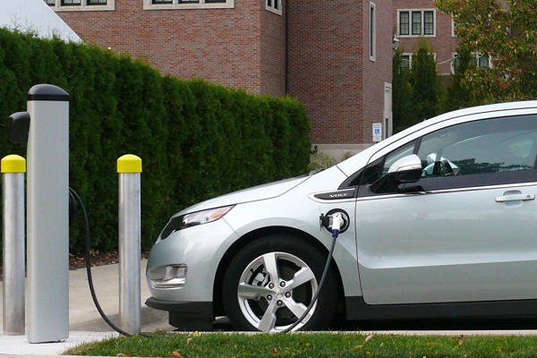 Silver plug-in car charging.