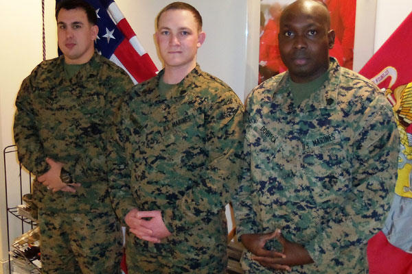 Marine Sgts. Guensly Dorisca and Michael Canright and Staff Sgt. Ryan Harshman are members of the Wounded Warrior Battalion at Camp Lejeune, N.C., after suffering brain trauma in combat.