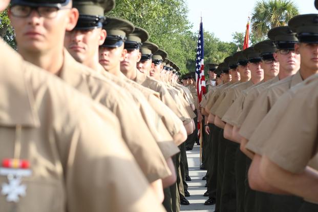Marines stand at parade rest in this undated photo from the Marine Corps. The service in November 2016 became the last service in the Defense Department to release a policy governing transgender troops.