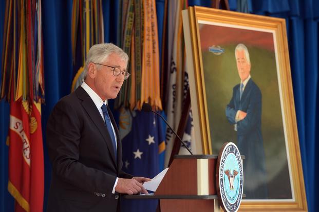 Former Defense Secretary Chuck Hagel speaks during his portrait unveiling ceremony hosted by Defense Secretary Jim Mattis at the Pentagon on May 19, 2017. U.S. Army photo by Mr. Leroy Council