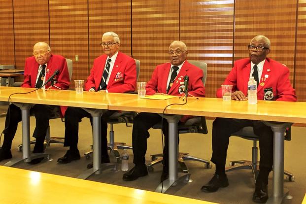 From left, Walter Robinson, Charles McGee, William Fauntroy Jr. and Major Anderson -- all Tuskegee Airmen -- gathered at an event hosted by the Air Force Academy Society on May 17, 2017, in Washington, D.C. (Photo by Oriana Pawlyk/Military.com)