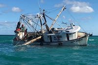 The fishing vessel, San Diego aground and discharging diesel in the Northwest Channel Jetty approximately 7 miles northwest of Key West, Oct. 2, 2018. Watchstanders at Coast Guard Sector Key West launched a Coast Guard Station Key West 45-foot Response Boat—Medium crew who arrived on scene, embarked the four people that were aboard the vessel and determined the hull was breached causing pollution in the area prompting them to send a pollution response team to mitigate the situation. (Coast Guard photo)