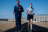 Air Force Uniform Office members 2nd Lt. Maverick Wilhite and 1st Lt. Avery Thomson put updated versions of the Air Force physical training gear, or PTG, uniform through their paces at Wright-Patterson Air Force Base, Ohio.