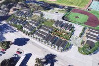 This rendering shows 32 units of modular housing the U.S. Department of Veterans Affairs has been ordered to build on the parking lot of UCLA’s Jackie Robinson Stadium.