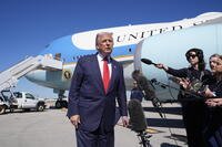President Donald Trump speaks to the media after arriving at Palm Beach International Airport, Friday, Oct. 31, 2025, in West Palm Beach, Fla. (AP Photo/Manuel Balce Ceneta) Trump