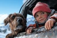 Winter Ready Vehicle Child and Dog Looking Out Vehicle Window in Winter