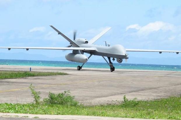 A U.S. MQ-9 Unmanned Aircraft System (UAS) Reaper taxis at the Mahe International Airport after completing its mission November 4, 2009. Tyndall Air Force Base, Florida, will be the next U.S. Air Force base to receive MQ-9s for ISR missions. (U.S. Air Force photo by Major Eric Hilliard, U.S. Africa Command)
