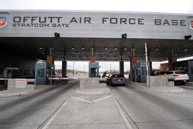 Military authorities say a detained Marine had firearms, a silencer, body armor and ammunition in his pickup truck when he tried to enter Offutt Air Force Base. (U.S. Air Force photo/Josh Plueger)