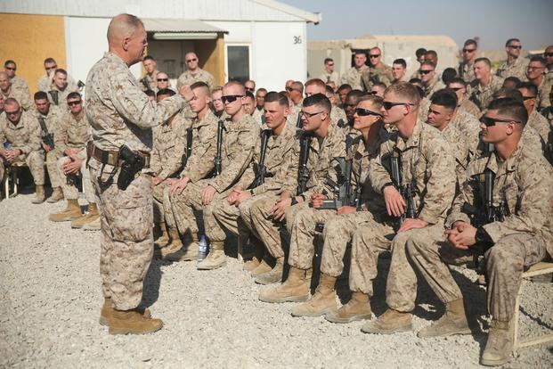 Commandant of the Marine Corps Gen. Robert B. Neller speaks with Marines and Sailors assigned to Task Force Southwest at Camp Shorab, Afghanistan, Dec. 23, 2017. (U.S. Marine Corps photo/Lucas Hopkins)