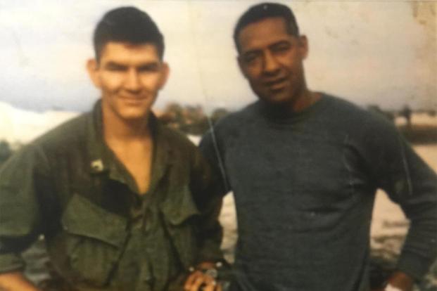 Sgt. Freddy Gonzalez, left, and Marine "Gunny" John Canley in Hue. Gonzalez received the MOH posthumously. (Photo courtesy of Eddy Neas)