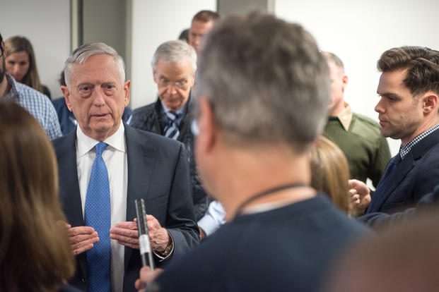 Defense Secretary James N. Mattis speaks with members of the press at the Pentagon in Washington, D.C., Jan. 5, 2018. (DoD photo/Army Sgt. Amber I. Smith)