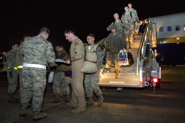 FILE -- Airmen from the 4th Maintenance Group and 335th Fighter Squadron return from a deployment to an undisclosed location in Southwest Asia, Nov. 23, 2016, at Seymour Johnson Air Force Base, North Carolina (U.S. Air Force/Airman Shawna L. Keyes)