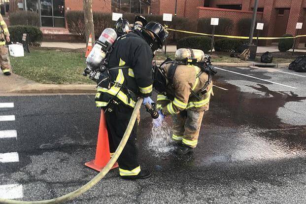 Engine 161’s crew evacuated and decontaminated 11 patients from the hazard area. Three were transported to an area hospital. Fort Myer Fire Department via Twitter