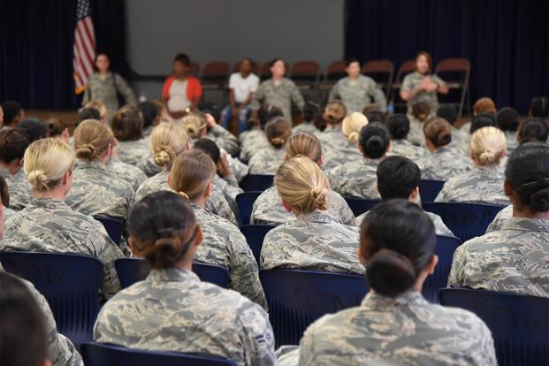 More than 250 female Airmen fill the Community Activity Center for the first ever 82nd Training Wing Female Airmen Forum, May 16, 2017. (U.S. Air Force/2nd Lt. Jacqueline Jastrzebski)