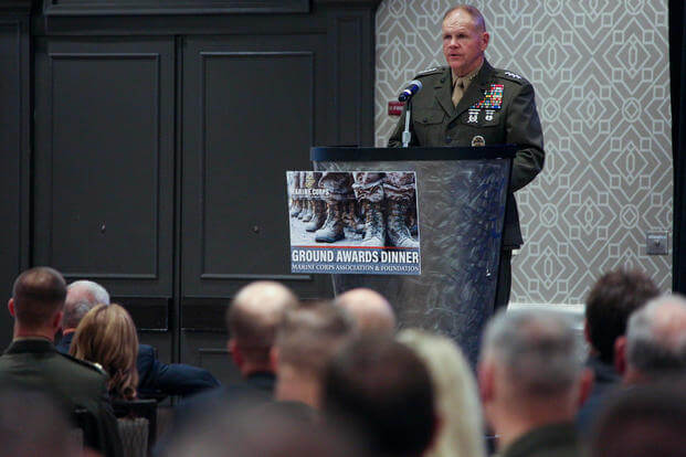Commandant of the Marine Corps Gen. Robert B. Neller speaks to Marines and guests during the 15th Annual Ground Awards Dinner in Arlington, Va., May 3, 2018. (U.S. Marine Corps photo/Olivia G. Ortiz)