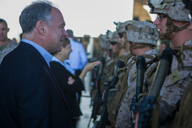 U.S. Sen. Tim Kaine of Virginia speaks to the U.S. Marines and Sailors of the Special-Purpose Marine Air-Ground Task Force Crisis Response (SP-MAGTF Crisis Response) during a congressional delegation visit led by Sen. Kaine aboard Naval Station Rota, Spain, Sept. 4, 2014. (U.S. Marine Corps photo/Andre Dakis)