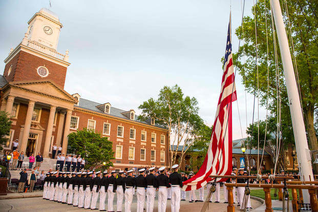 The U.S. Coast Guard Academy Corps of Cadets holds a sunset regimental review, May 20, 2018.  (U.S. Coast Guard photo/Nicole Foguth)