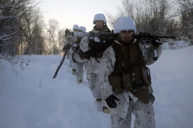 U.S. Marines with Fox Company, 2nd Battalion, 25th Marine Regiment, 4th Marine Division, conduct a simulated raid on Feb. 26, 2010, in Norway. (U.S. Marine Corps photo by Master Sgt. Michael Q. Retana)