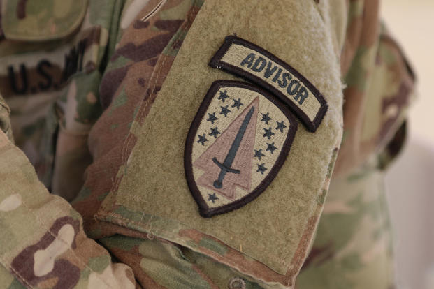 The 1st Security Force Assistance Brigade (SFAB) patch on a U.S. Army soldier’s sleeve. (NATO photo/Aubrey Page)