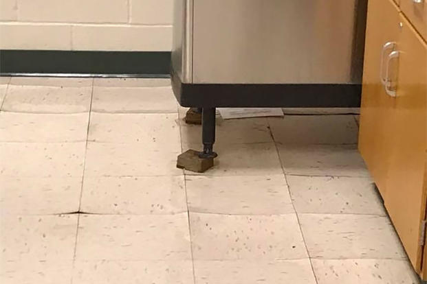 A floor at Brewster Middle School on Camp Lejeune, North Carolina appeared to be severely water damaged. Students returned to class Sept. 25. (Photo courtesy of Laura Shuler)