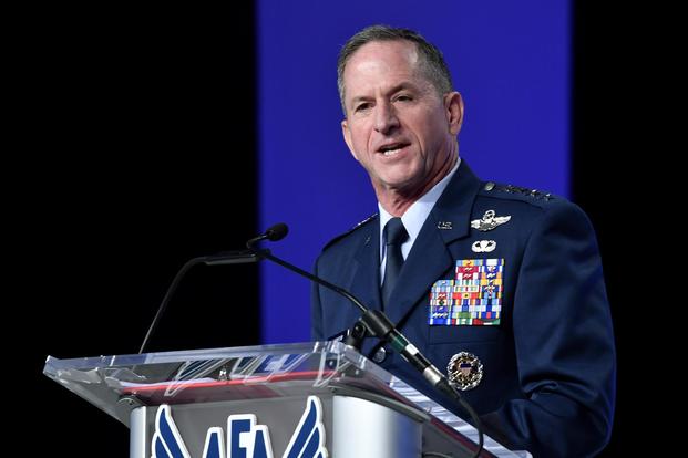 Air Force Chief of Staff Gen. David L. Goldfein, delivers his Air Force Update speech during the Air Force Association Air, Space and Cyber Conference in National Harbor, Md., Sept. 18, 2018. During his remarks, Goldfein highlighted his vision for the future of multi-domain command and control. (U.S. Air Force photo by Wayne Clark) 