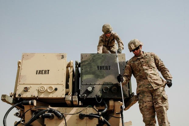  Soldiers of the 5th Air Defense Artillery Regiment demonstrate reloading a Patriot missile battery at Camp Buerhing, Kuwait in April 2017. (US Army Photo/Sean McCollum)