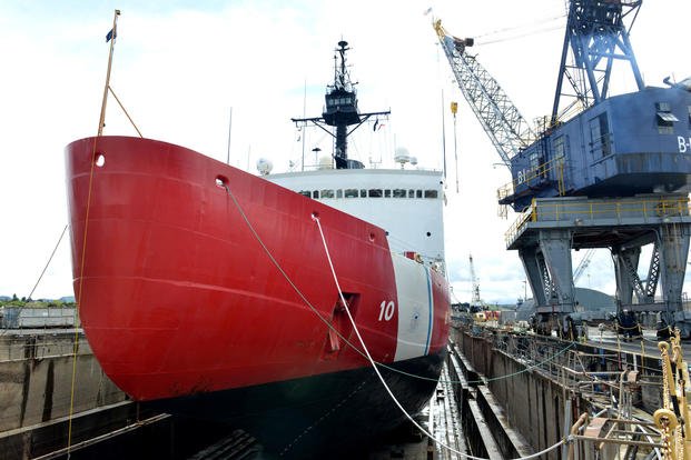 Coast Guard Cutter Polar Star sits on blocks in a Vallejo, Calif., dry dock facility undergoing depot-level maintenance including inspections and repairs to critical cutter components prior to the cutter’s next patrol, April 16, 2018. (U.S. Coast Guard photo/Matthew S. Masaschi)