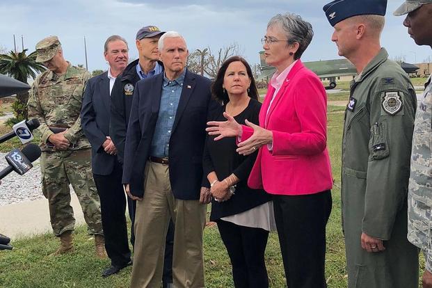Vice President Mike Pence and Air Force Secretary Heather Wilson visit Tyndall Air Force Base in Florida, October 25, 2018, to discuss the base’s recovery from the destruction caused by Hurricane Michael. (Photo: Official U.S. Secretary of the Air Force Instagram Page)