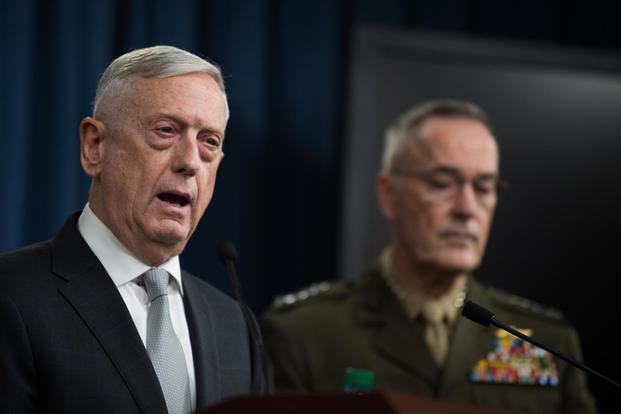 Defense Secretary James N. Mattis, the Chairman of the Joint Chiefs of Staff, Marine Gen. Joseph F. Dunford, Jr., brief reporters on the current U.S. air strikes on Syria during a joint press conference at the Pentagon in Washington, D.C., Apr. 13, 2018. (DoD/U.S. Army Sgt. Amber I. Smith)