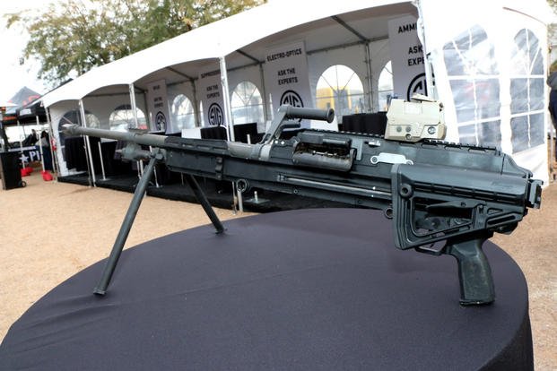 Sig Sauer’s new lightweight machine gun is shown during a Sig Sauer range day in Last Vegas Jan. 20, 2019. The new MG has maximum effective range of about 2,000 meters and weighs about 20 pounds, about seven pounds lighter than the M240B machine gun.