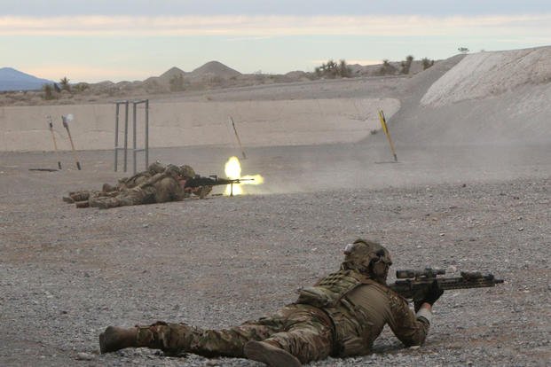 Sig Sauer’s new lightweight machine gun is fired during a Sig Sauer range day in Last Vegas Jan. 20, 2019. The new MG has maximum effective range of about 2,000 meters and weighs about 20 pounds, about seven pounds lighter than the M240B machine gun. (Matthew Cox/Staff)