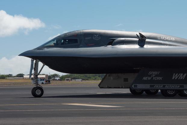 A B-2 Spirit bomber deployed from Whiteman Air Force Base, Missouri, is parked on the flightline at Joint Base Pearl Harbor-Hickam, Hawaii, Jan. 10, 2019. (U.S. Air Force/2nd Lt. Allen Palmer)