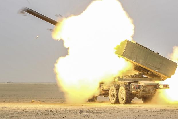 U.S. Army Soldiers assigned to the 65th Field Artillery Brigade, fire their High Mobility Artillery Rocket System during a joint live-fire exercise with the Kuwait Land Forces, Jan. 8, 2019, near Camp Buehring, Kuwait. (U.S. Army/Sgt. Bill Boecker)