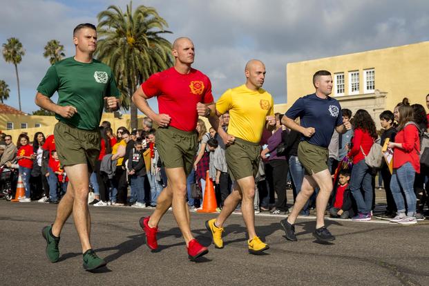 The new Marines of Delta Company, 1st Recruit Training Battalion, conduct a motivational run at Marine Corps Recruit Depot San Diego, January 10, 2019. (U.S. Marine Corps/ Lance Cpl. Jose Gonzalez)