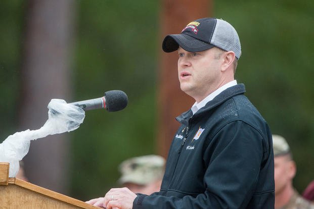 Under Secretary of the Army Ryan D. McCarthy speaks at the Airborne and Ranger Training Brigade ranger graduation at Victory Pond at Fort Benning, Georgia, Oct. 26, 2018. (U.S. Army photo/Patrick A. Albright)