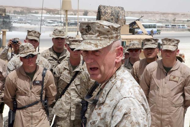 Then-Lt. Gen. Jim Mattis, commander of U.S. Marine Corps Forces Central Command, speaks to members of Marine Wing Support Group 27 in Al Asad, Iraq, on May 6, 2007. As defense secretary, Mattis made a priority of boosting lethality across the military. Marine Corps photo
