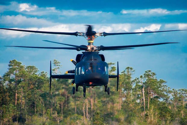 The SB>1 Defiant helicopter conducting its maiden test flight at Sikorsky’s West Palm Beach, Florida site, March 21, 2019. (Courtesy Boeing)