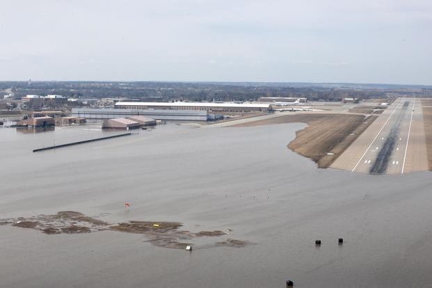 An aerial view of Offutt Air Force Base and the surrounding areas affected by flood waters on March 16, 2019. (U.S. Air Force/TSgt. Rachelle Blake)
